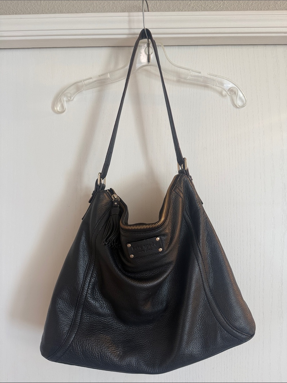 Kate Spade New York Black Pebbled Leather Hobo Shoulder Bag Tassel